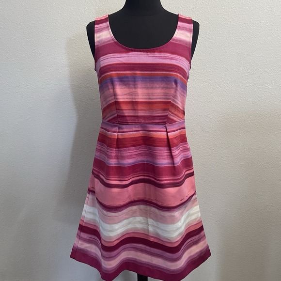 Ann Taylor Loft Women A Line Pink Striped Casual Dress Size 0 Pockets Sleeveless - Picture 1 of 8